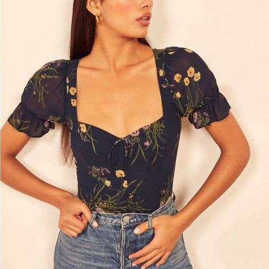 Retro Floral Print Square Collar Crop Top