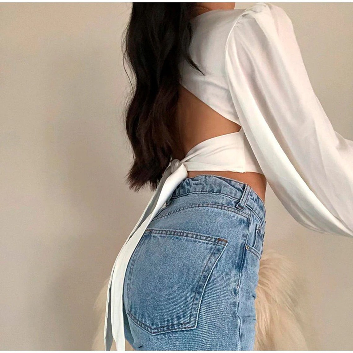 White Square Collar Puff Shoulder Backless Crop Top
