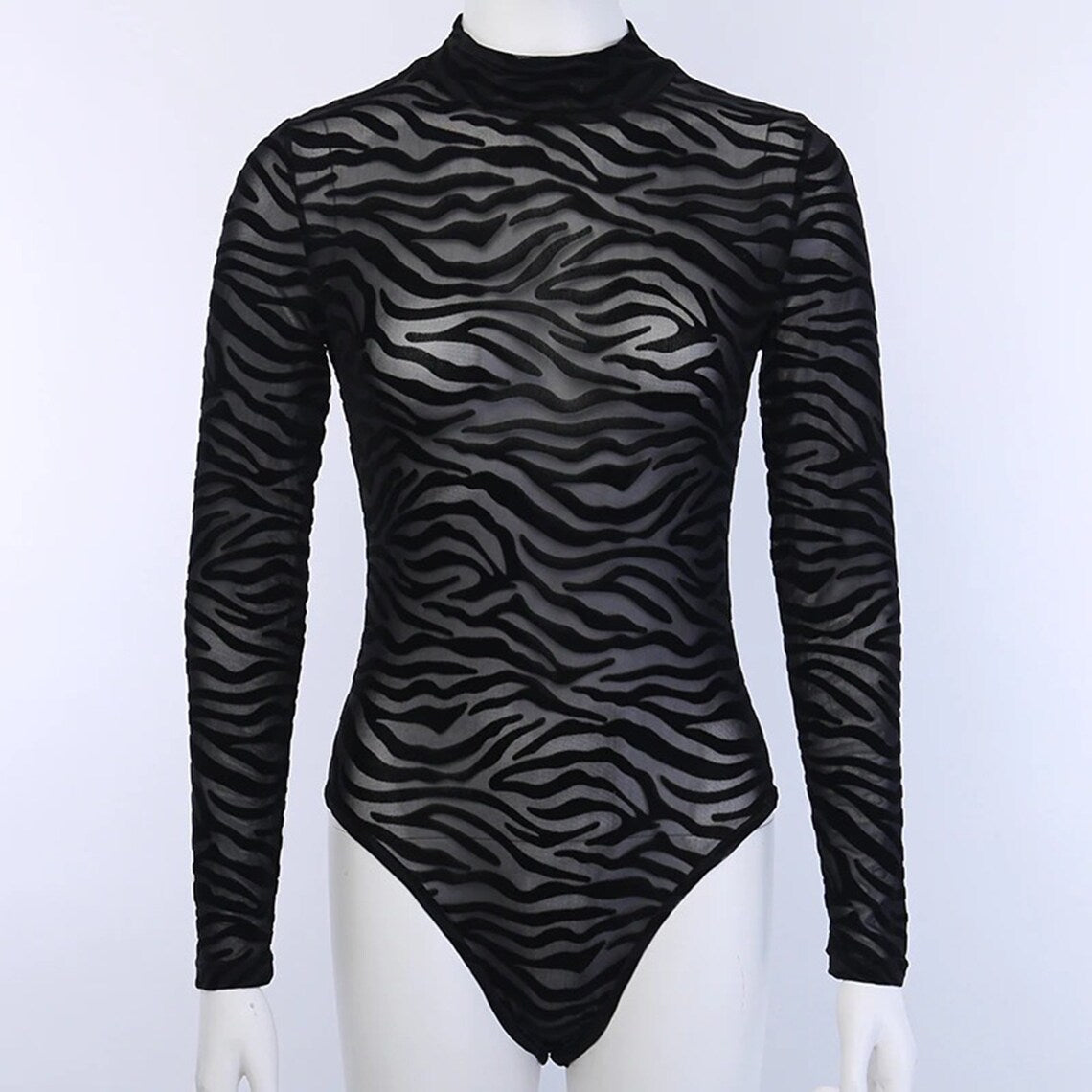 Black Mesh Zebra Print Party Club Bodysuit