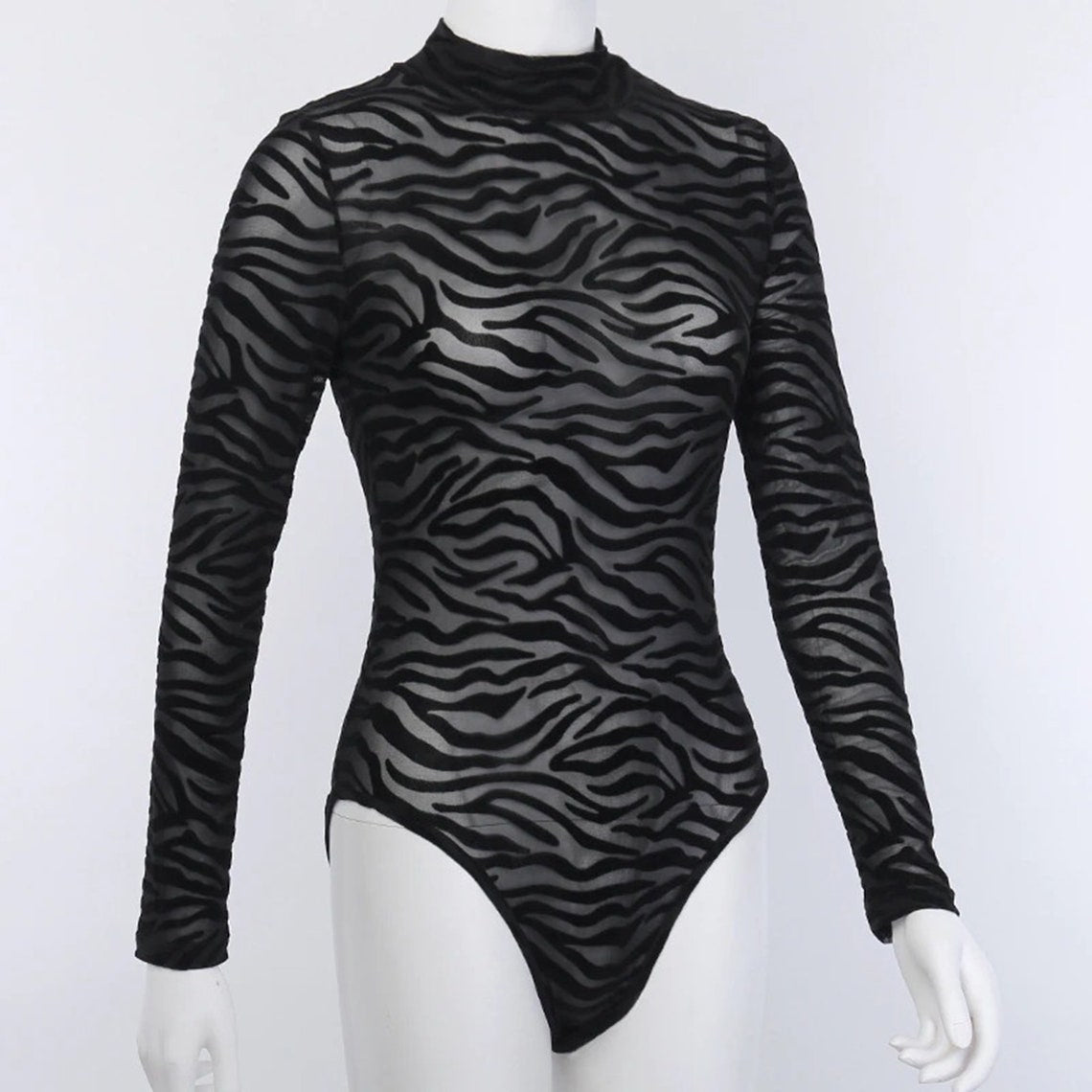 Black Mesh Zebra Print Party Club Bodysuit