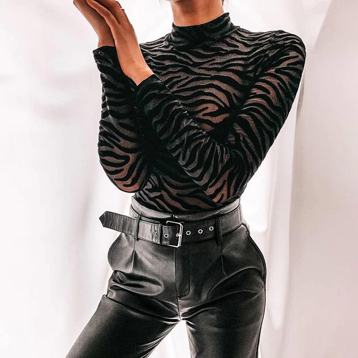 Black Mesh Zebra Print Party Club Bodysuit