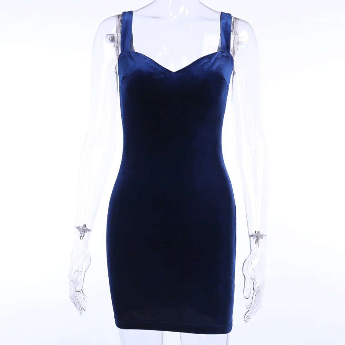 Elegant Blue Velvet V-neck Slim Mini Dress