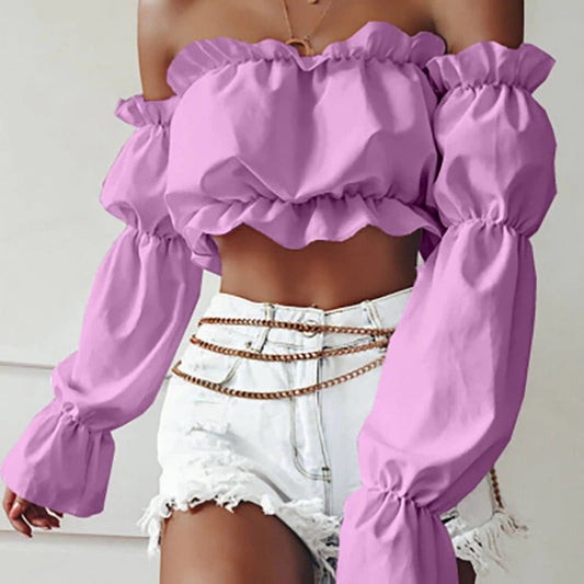 Crumpled Off Shoulder Lantern Sleeves Crop Top