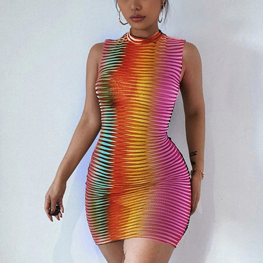 See-through Stripes Print Sleeveless Style Women's Dress