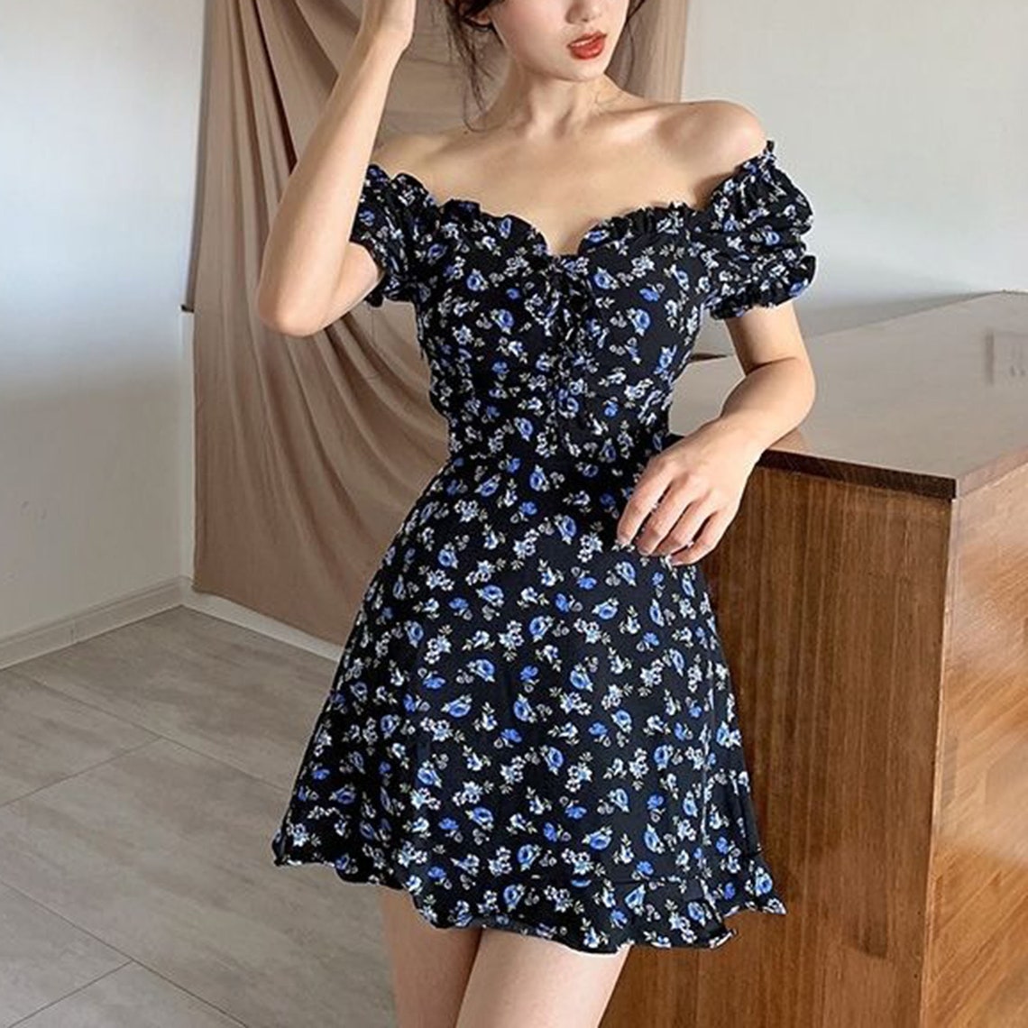 Blue Square Collar Floral Print Mini Dress