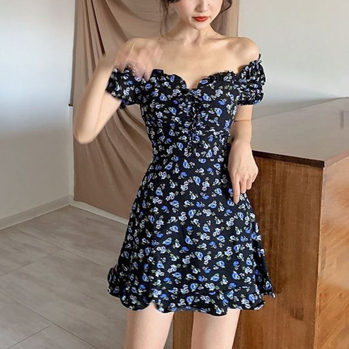 Blue Square Collar Floral Print Mini Dress