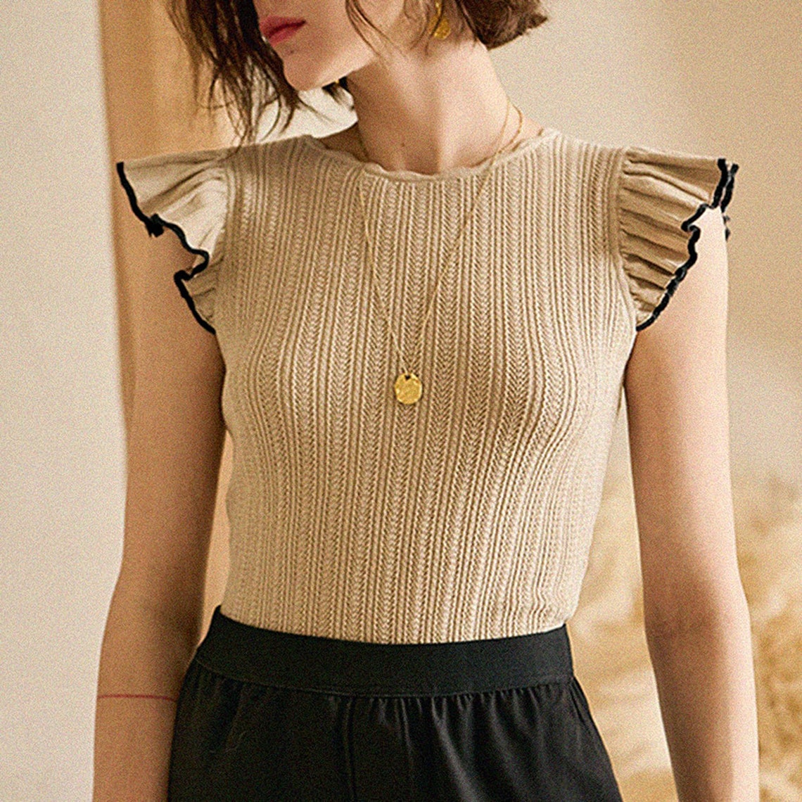 Butterfly Ruffled Sleeves Ribbed Chic Top