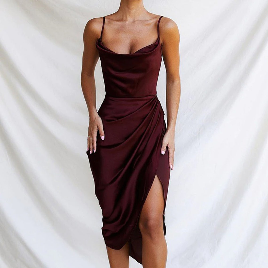 Elegant Solid V-neck High Slit Fashion Sleeveless Dress