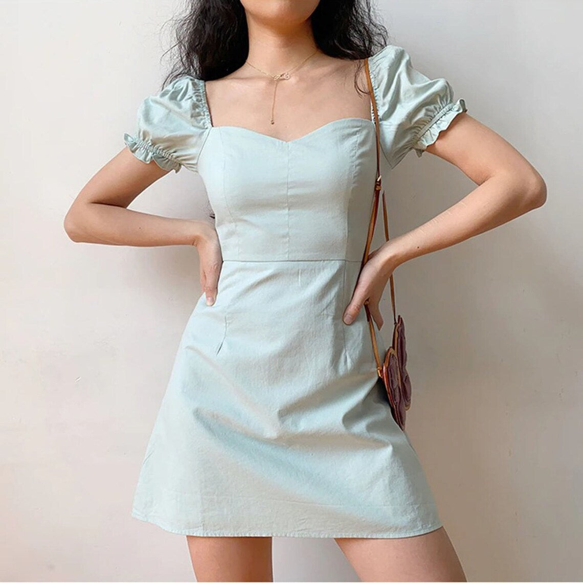 Trendy Puff Short Lantern Sleeves Mini Dress