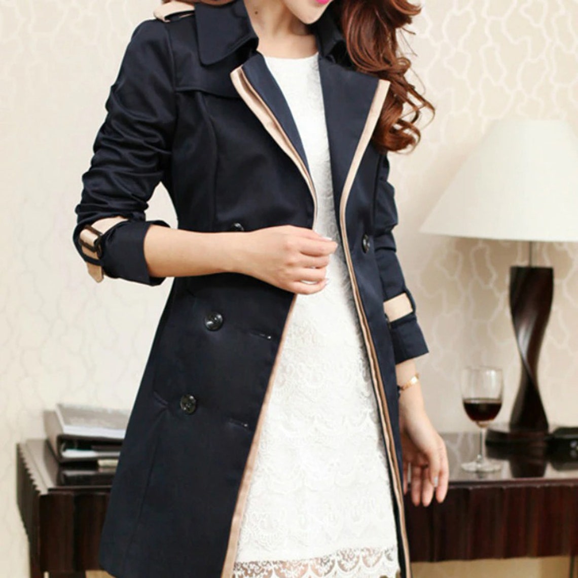 Double Breasted Button Style Casual Trench Coat