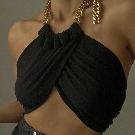 Black Wrap Halter Neck Chains Crop Top