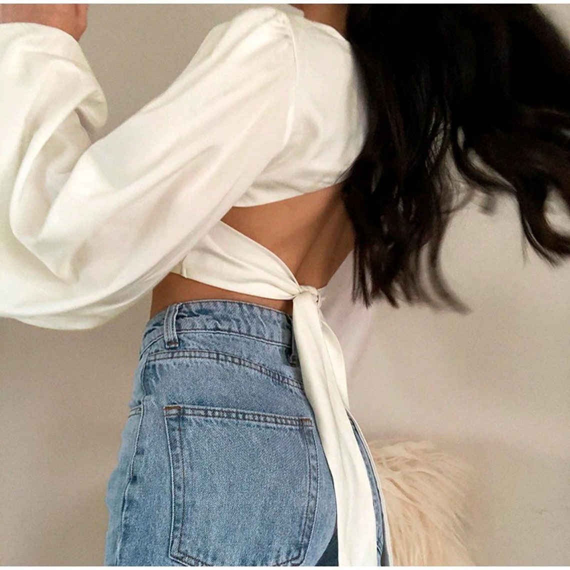 White Square Collar Puff Shoulder Backless Crop Top