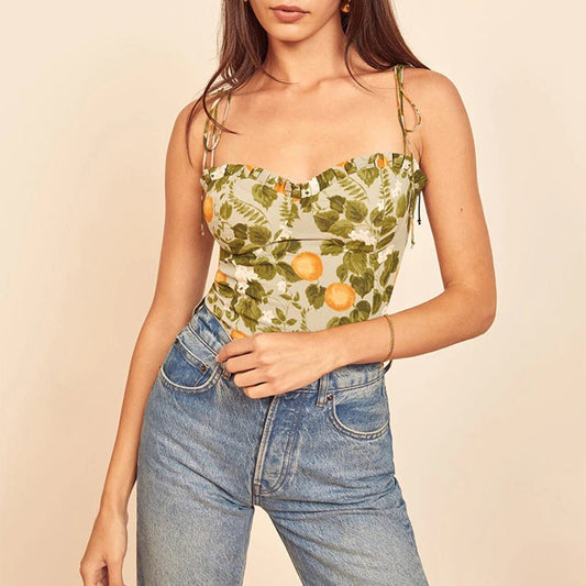 Printed Leaved Style Lace Up Fashion Crop Top