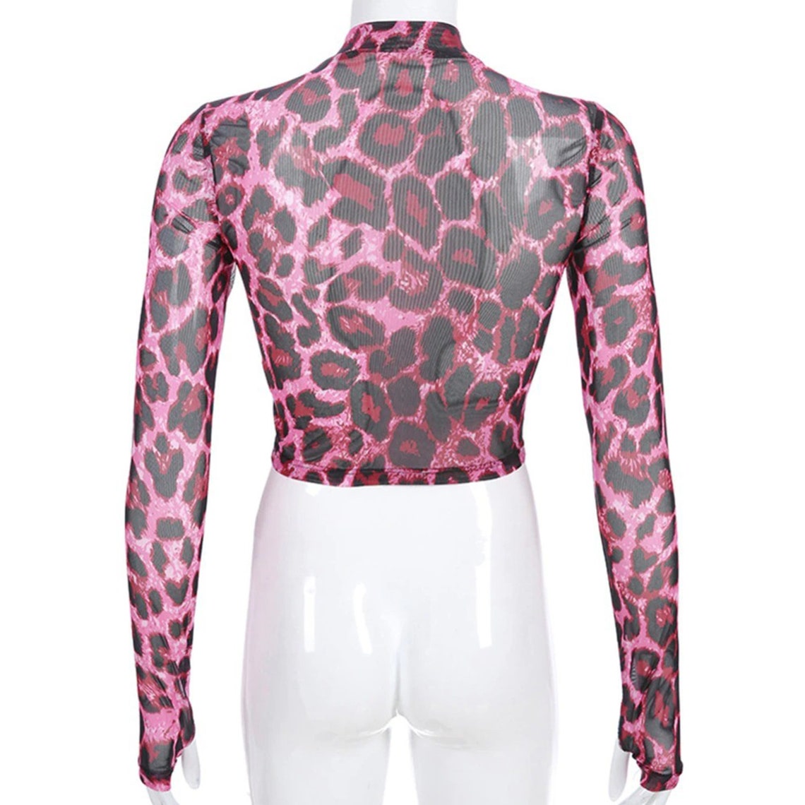 Pink Leopard Print Transparent Mesh Crop Top