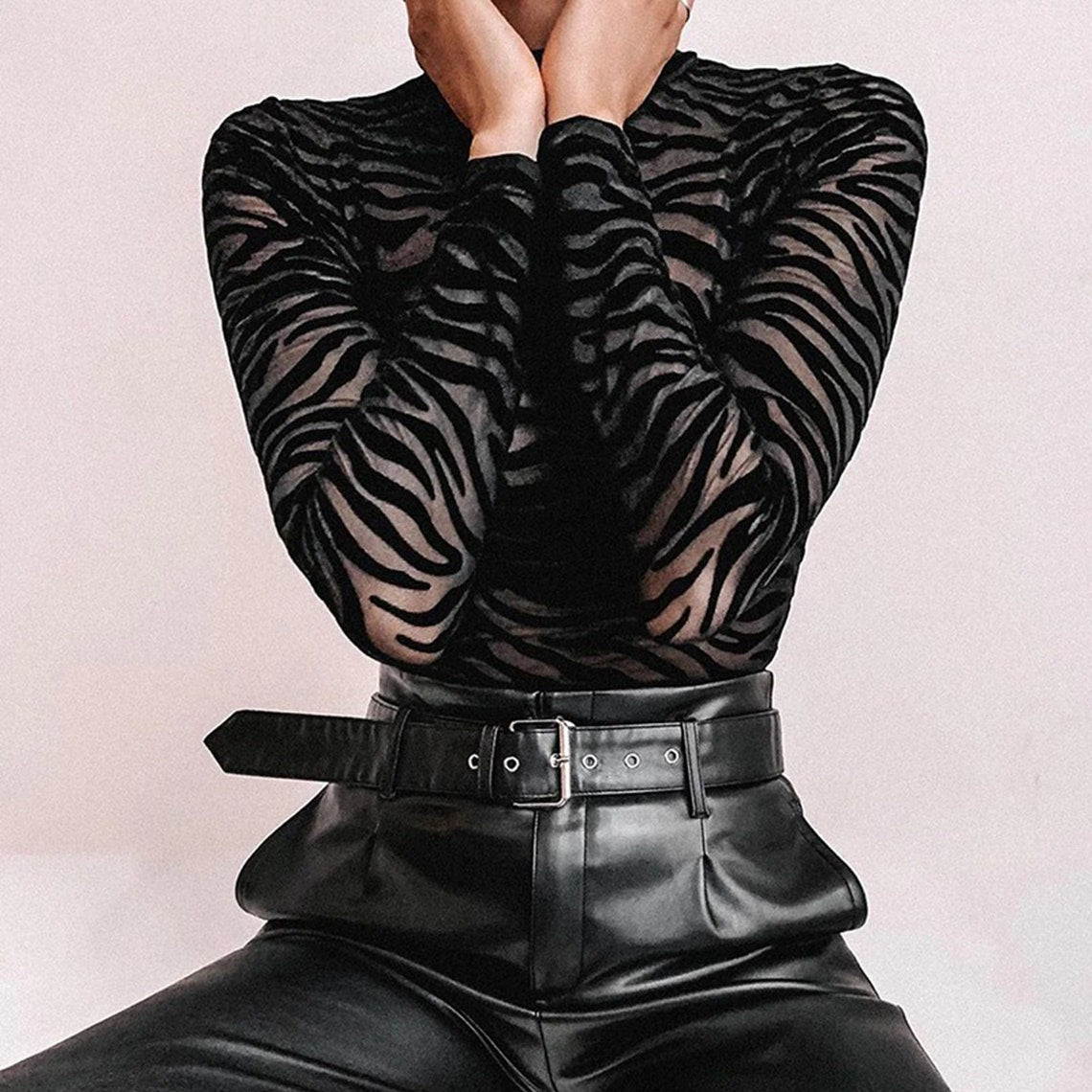 Black Mesh Zebra Print Party Club Bodysuit