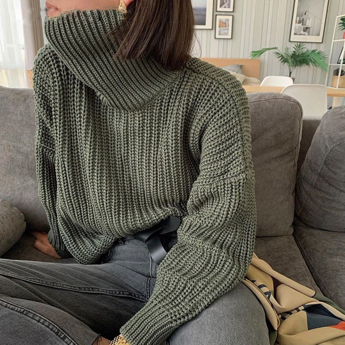 Oversized Cashmere Turtleneck Style Women's Sweater