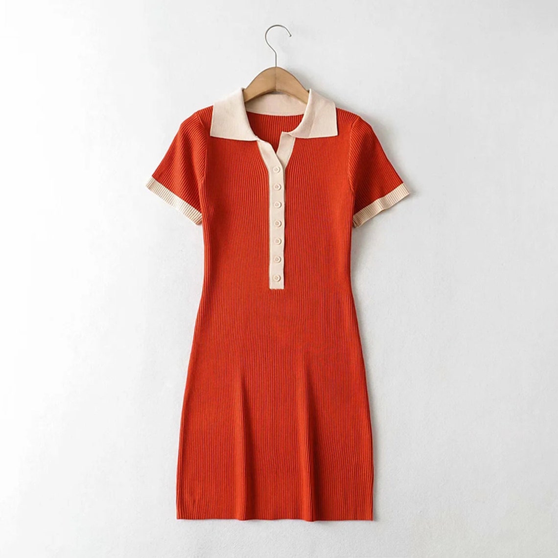 Sexy V-neck Button Down Collared Ribbed Dress