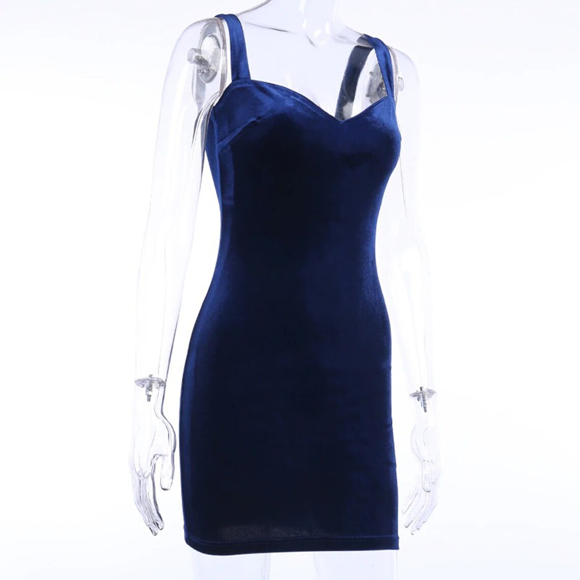 Elegant Blue Velvet V-neck Slim Mini Dress