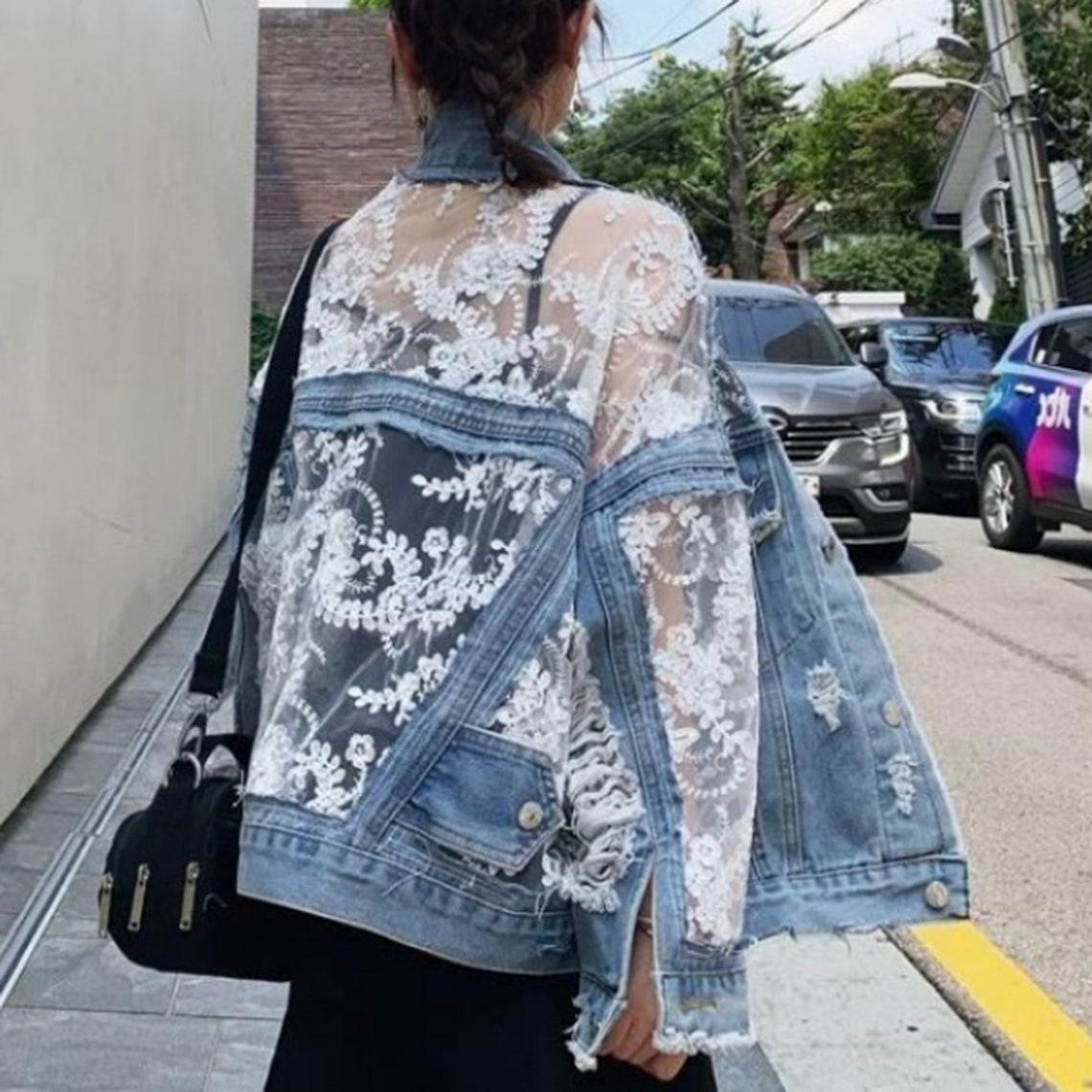 Transparent Embroidery Floral Mesh Lace Denim Jacket