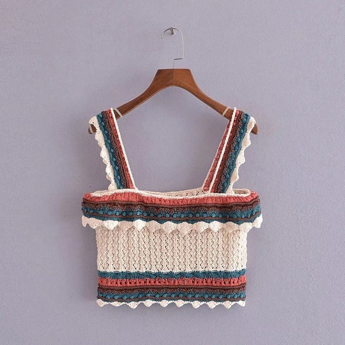 Bohemian Vintage Stripes Knitted Square Collar Crop Top