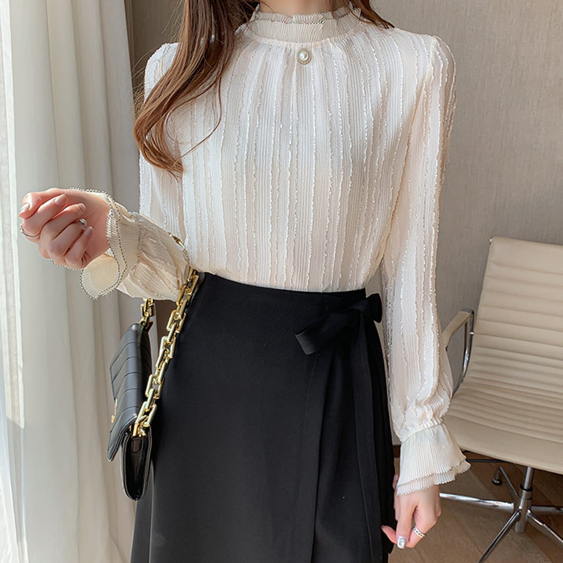 Elegant Class White Pearl Chiffon Blouse