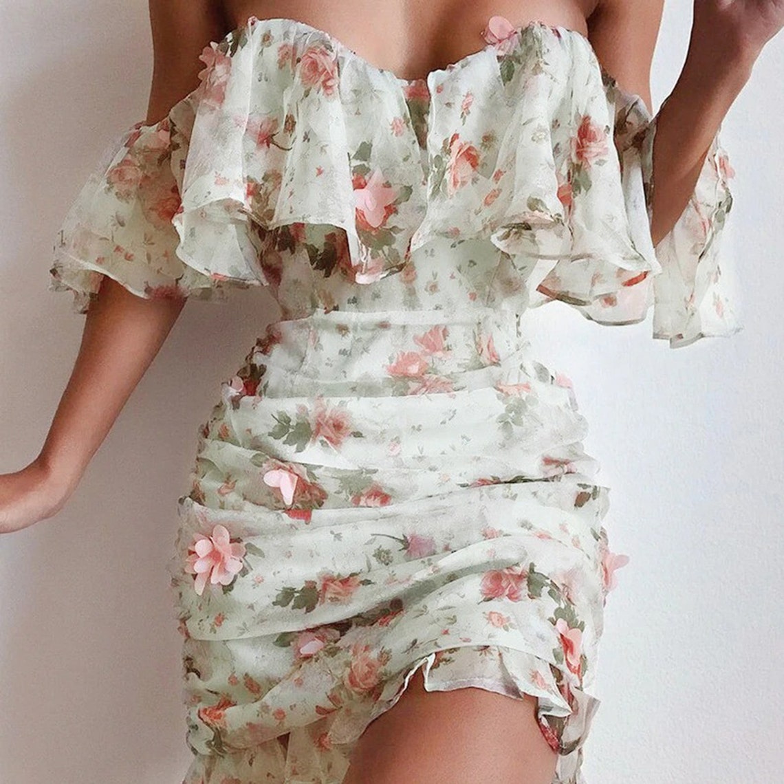 Elegant Ruched Floral Print Chiffon Mini Dress