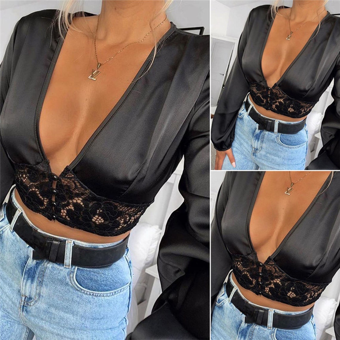 Deep V Neck Lace Floral Sexy Summer Mesh Sheer Blouse