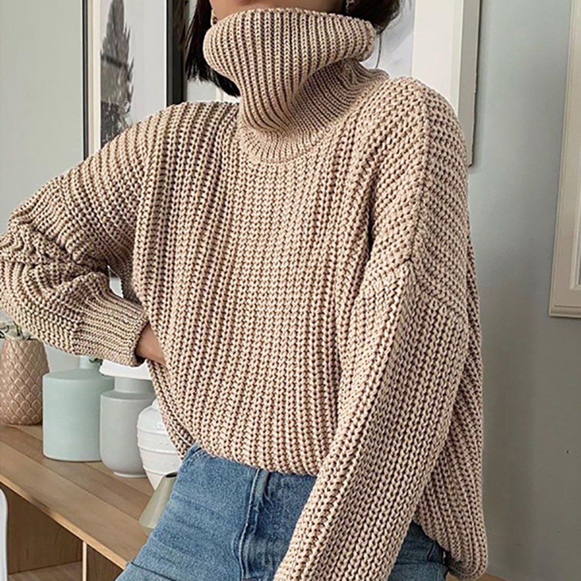 Oversized Cashmere Turtleneck Style Women's Sweater