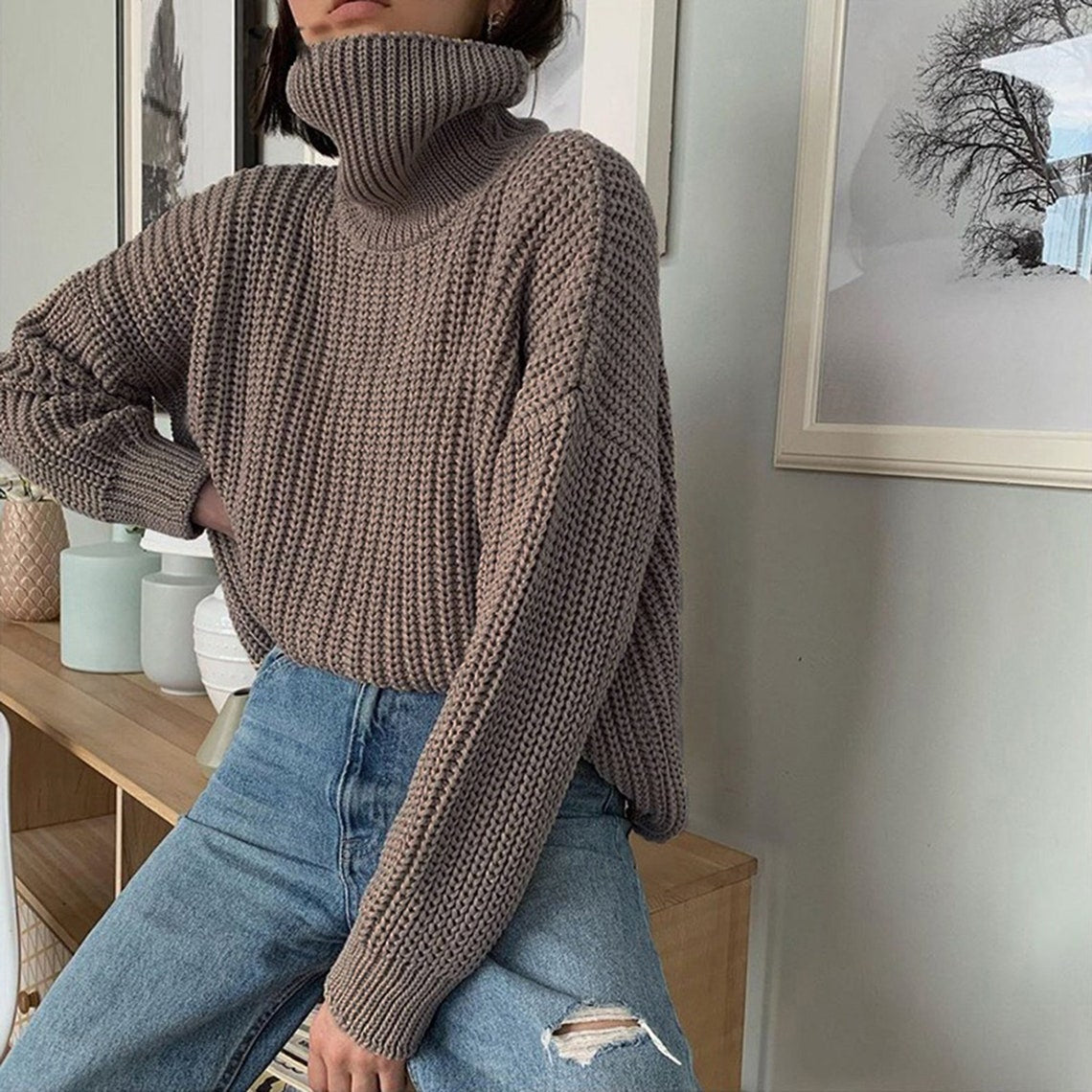 Oversized Cashmere Turtleneck Style Women's Sweater