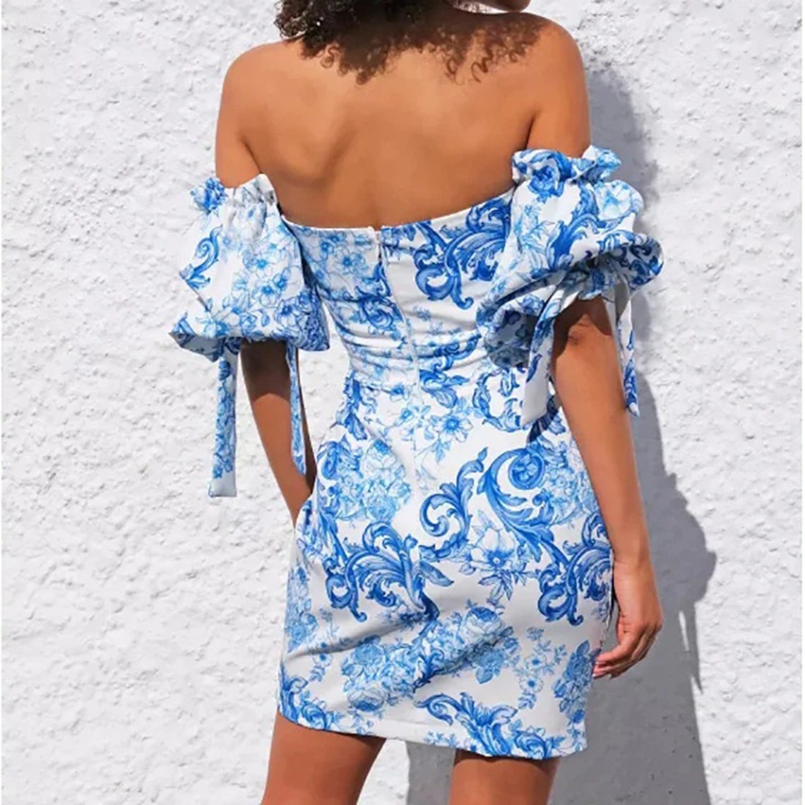 Blue Paisley Print Floral Lantern Sleeves Off Shoulder Dress