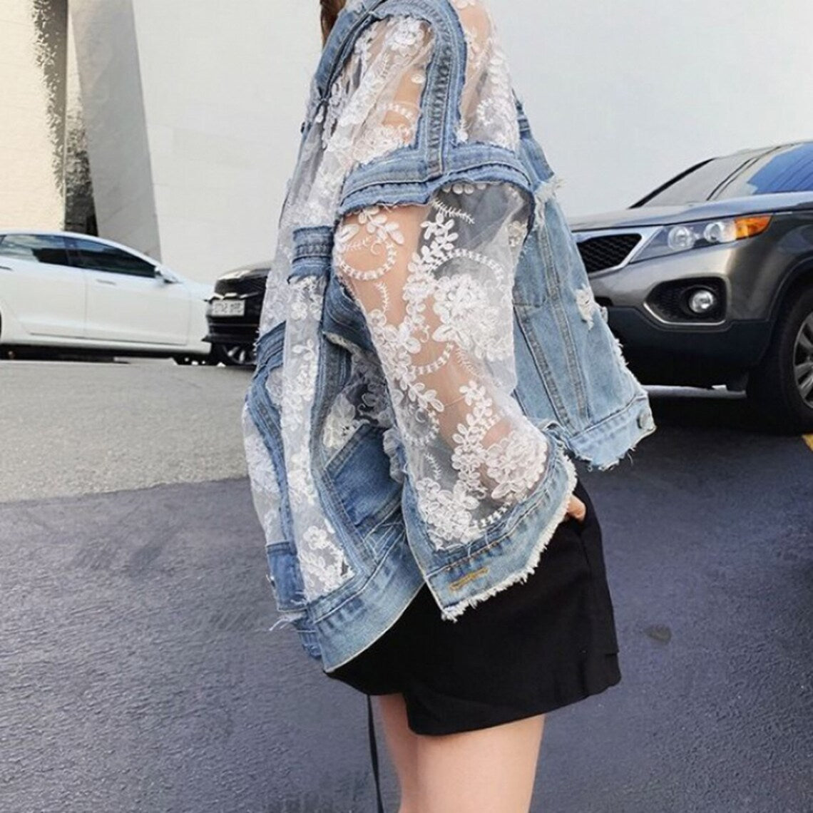 Transparent Embroidery Floral Mesh Lace Denim Jacket