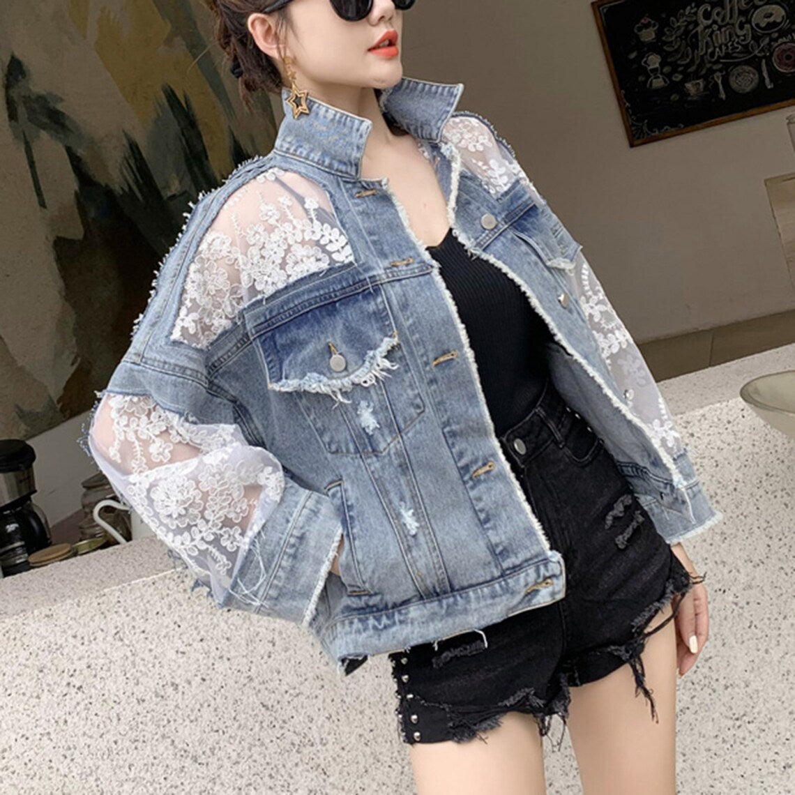 Transparent Embroidery Floral Mesh Lace Denim Jacket