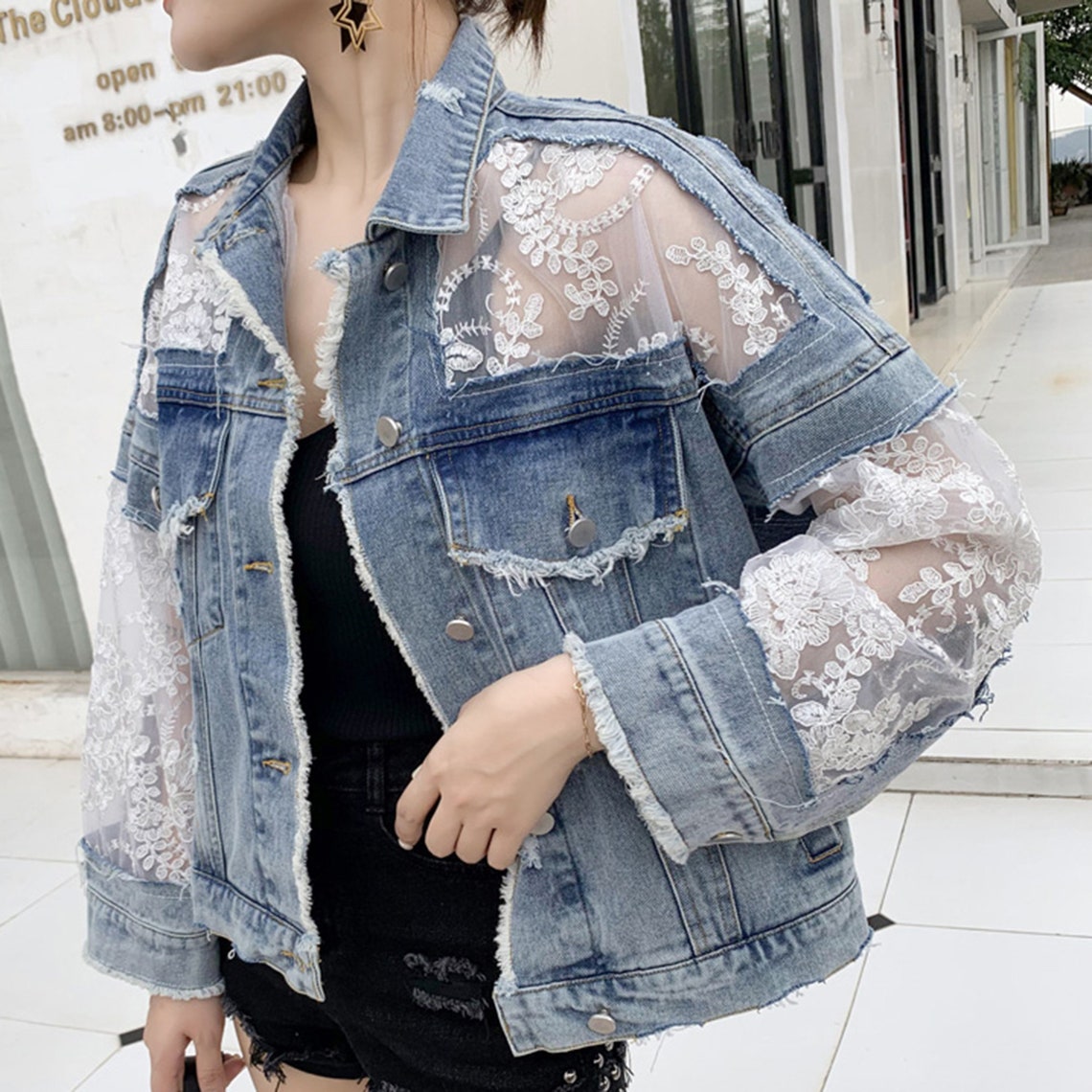 Transparent Embroidery Floral Mesh Lace Denim Jacket