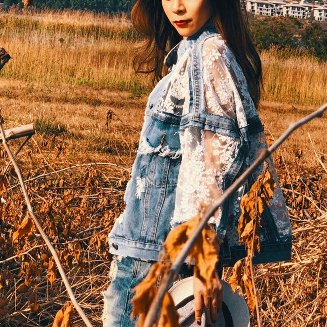 Transparent Embroidery Floral Mesh Lace Denim Jacket