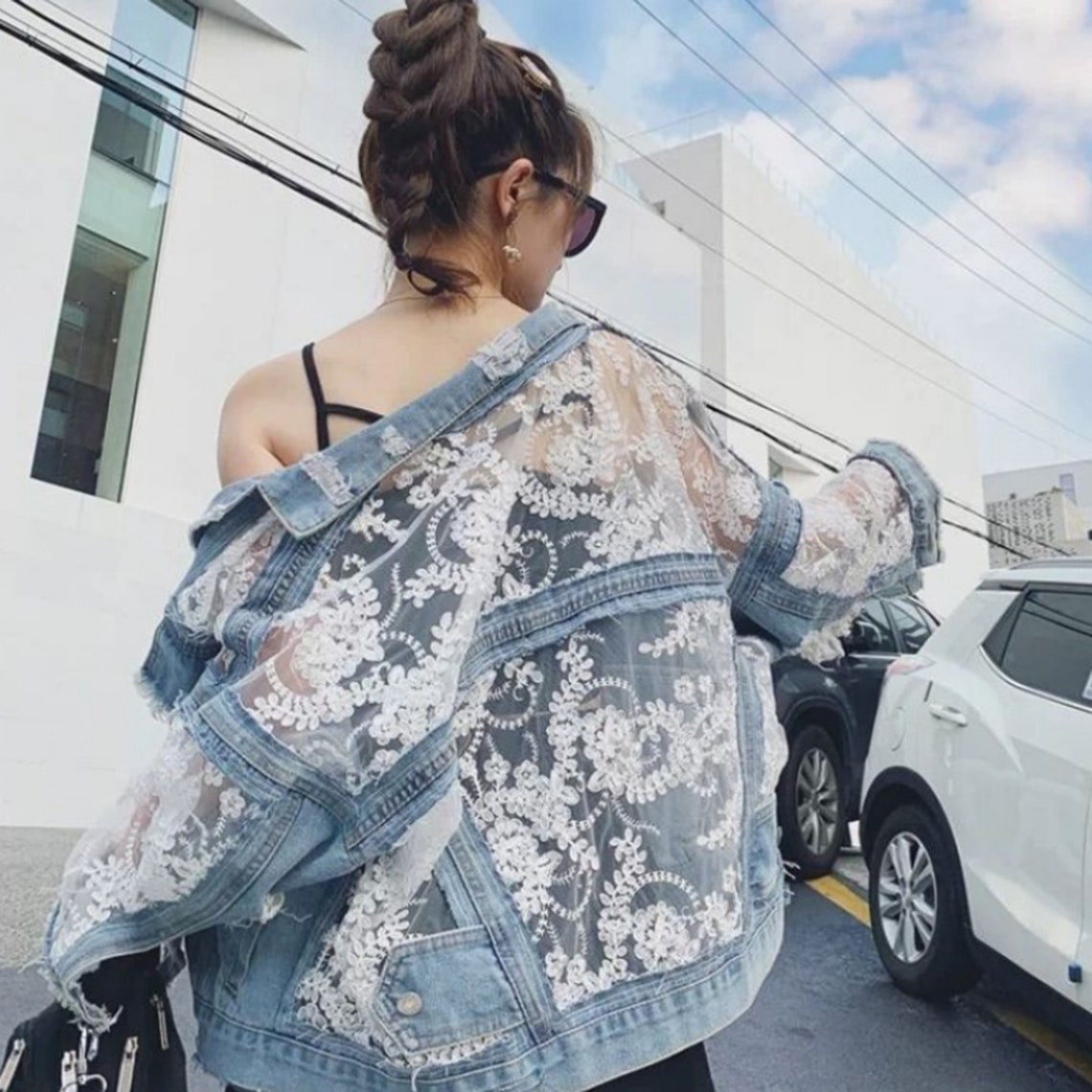 Transparent Embroidery Floral Mesh Lace Denim Jacket