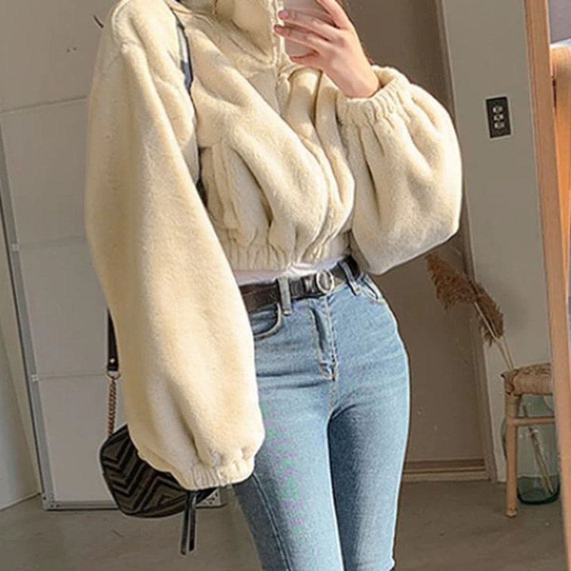 Furry Solid Soft Zipper Down Style Cropped Jacket