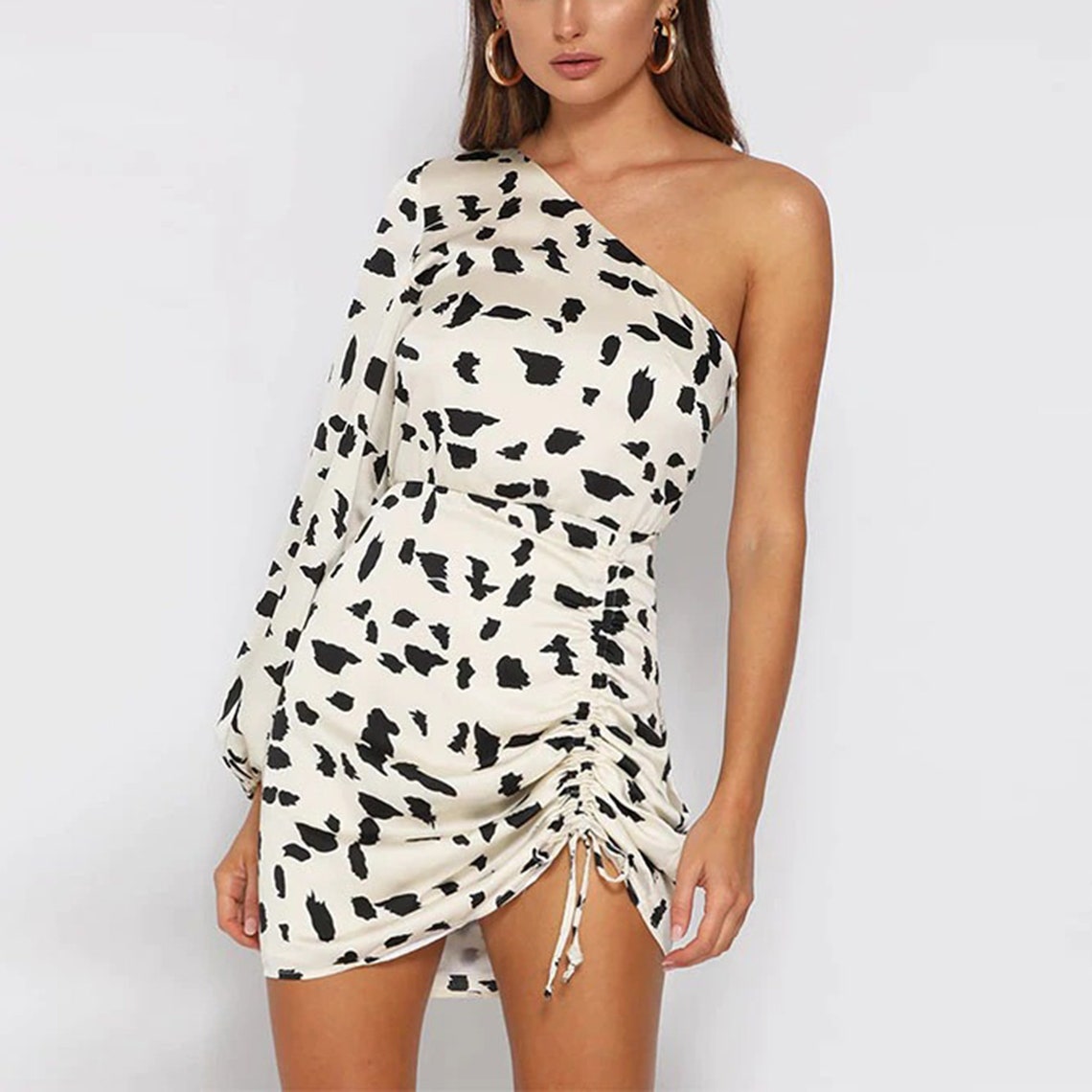 Elegant Black Patches Print Ruched Split Mini Dress
