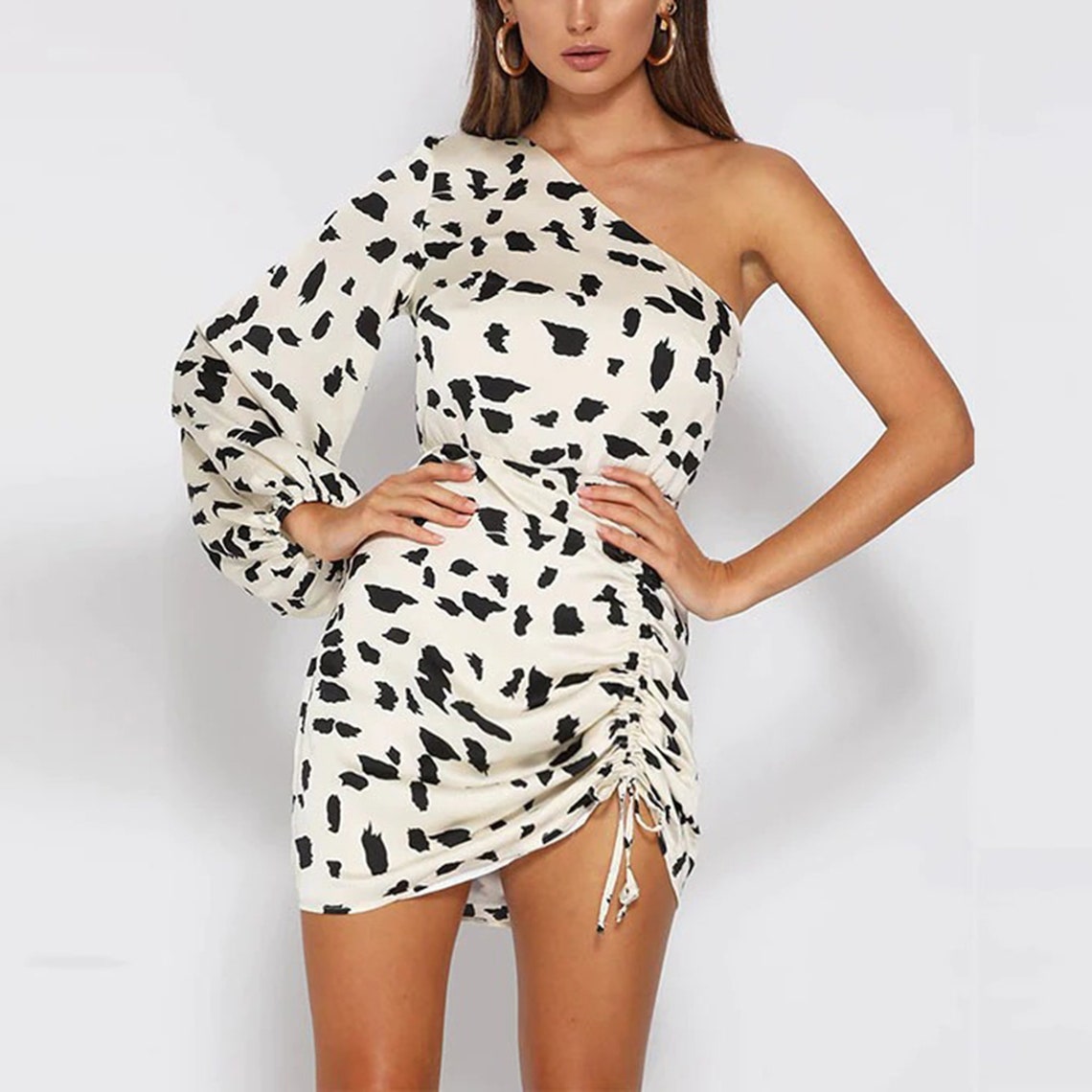Elegant Black Patches Print Ruched Split Mini Dress