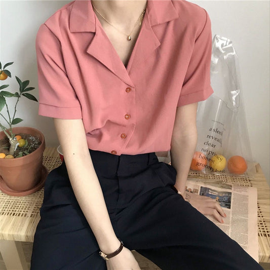 Straight Collar Button Down Style Women's Vintage Top