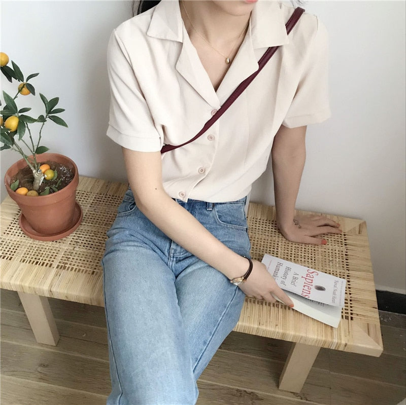 Straight Collar Button Down Style Women's Vintage Top