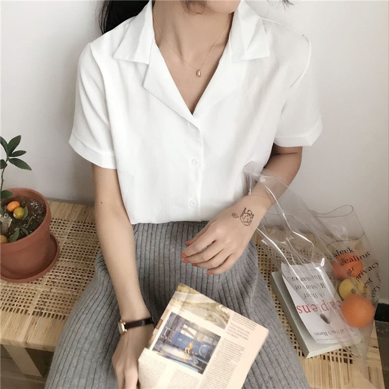 Straight Collar Button Down Style Women's Vintage Top