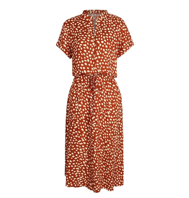 Ladies Bohemian Leopard Print Casual Midi Dress