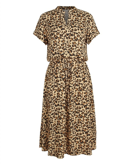 Ladies Bohemian Leopard Print Casual Midi Dress