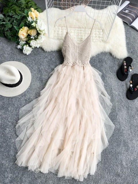 High Waist Meshed Pleated Fairy Tulle Dress