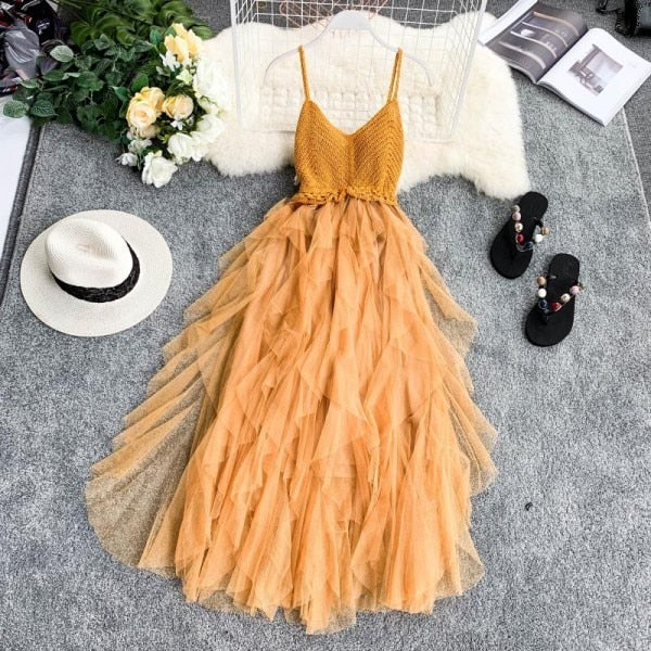 High Waist Meshed Pleated Fairy Tulle Dress