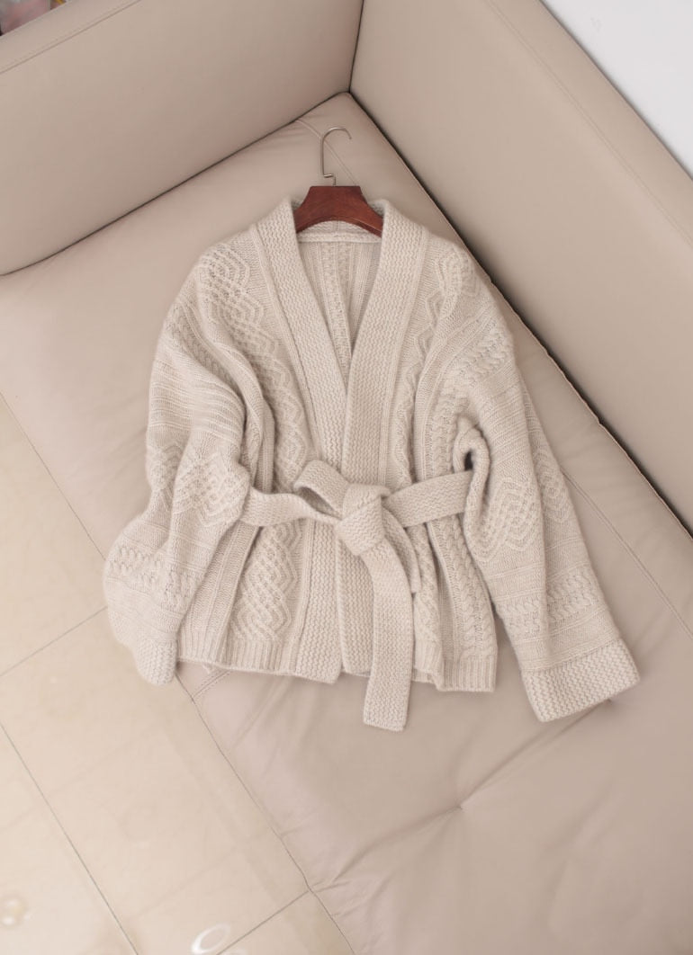 Women's Warm Knitted Cardigan Casual Sweater with Criss-Cross Belt