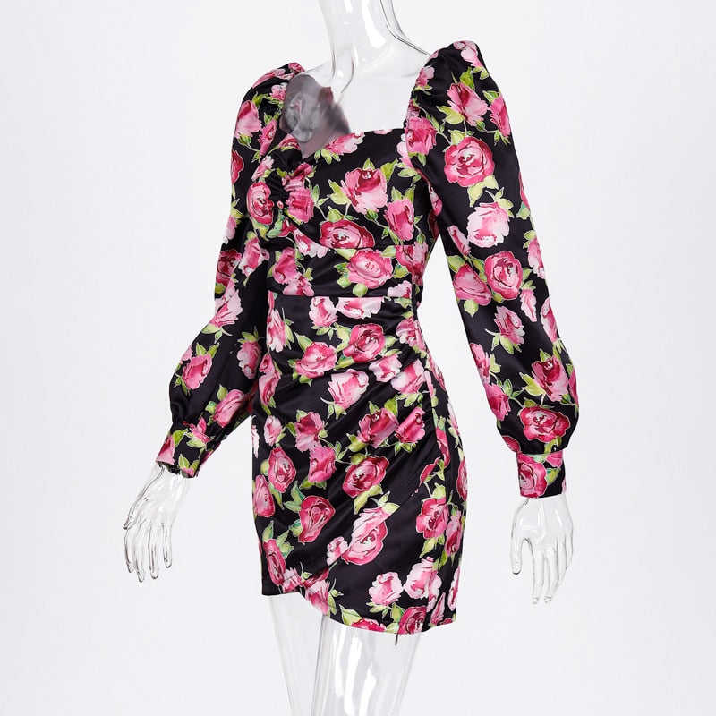 Rose Floral Print Long Puff Sleeve Ruched Sexy Mini Dress