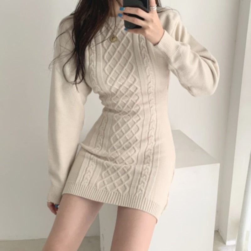 Casual Korean Knitted Mini Sweater Dress
