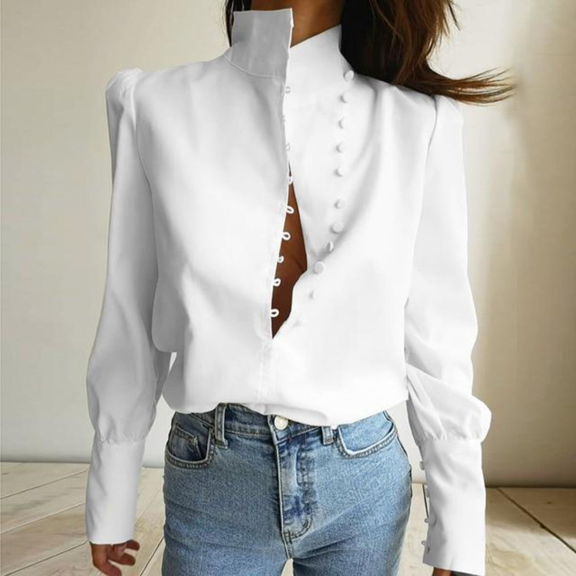 Elegant Turtleneck Puff Shoulder Blouse