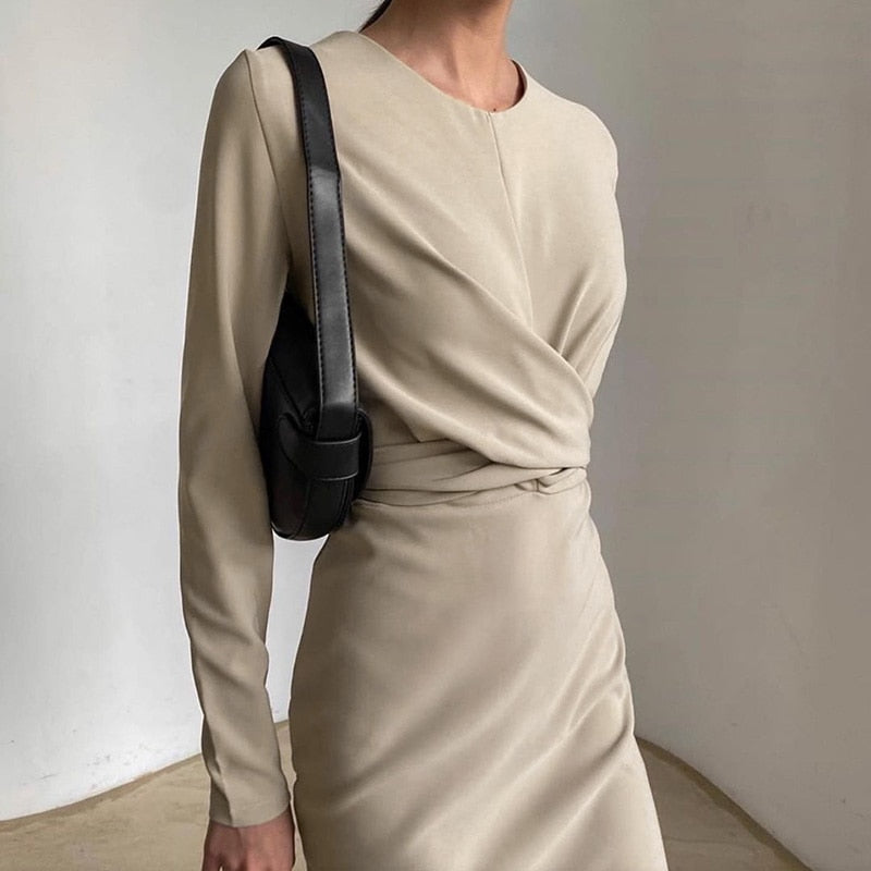Elegant Round Neck Long Sleeve Draped Knee-Length Women's Dress
